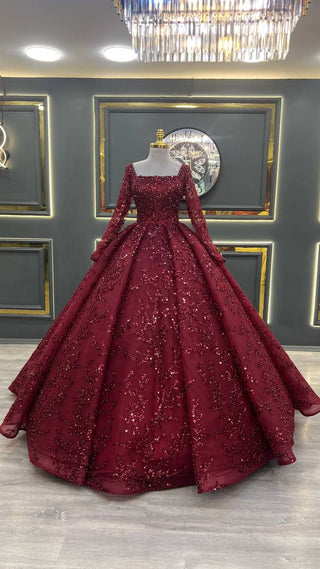 Elegant Full-Sleeve Sequin Embellished Ball Gown with Square Neckline