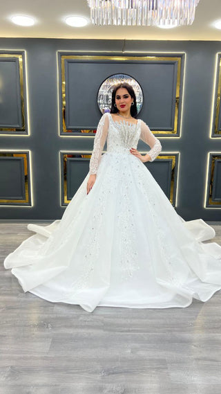 Long-Sleeve Beaded Gown with Crystal-Embellished V-Shaped Bodice  Description: