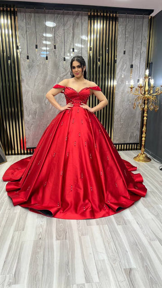 Off-Shoulder Gown with Crystal Embellishments and Full Skirt