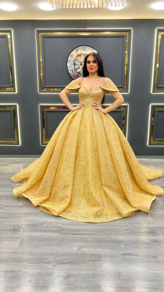 Luxurious Off-the-Shoulder Beaded Evening Gown with Flowing Full Skirt