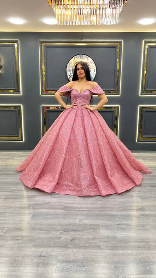 Luxurious Off-the-Shoulder Beaded Evening Gown with Flowing Full Skirt