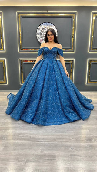 Luxurious Off-the-Shoulder Beaded Evening Gown with Flowing Full Skirt