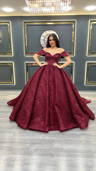 Luxurious Off-the-Shoulder Beaded Evening Gown with Flowing Full Skirt