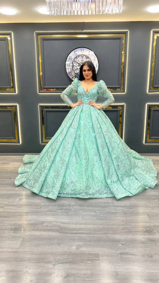 Exquisite Off-Shoulder Sequin Ball Gown with Sheer Long Sleeves