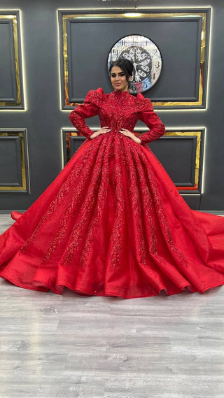 Luxurious Red Beaded Ball Gown with Puff Sleeves and High-Neck Design