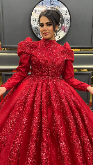 Luxurious Red Beaded Ball Gown with Puff Sleeves and High-Neck Design