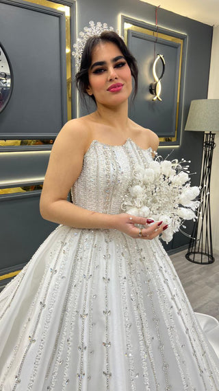 Strapless Beaded Ballgown with Crystal Embellishments and Floral Bouquet