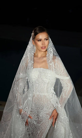 Beaded Wedding Gown with Sheer Cape and Intricate Crystal Detailing