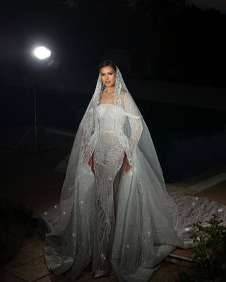 Beaded Wedding Gown with Sheer Cape and Intricate Crystal Detailing