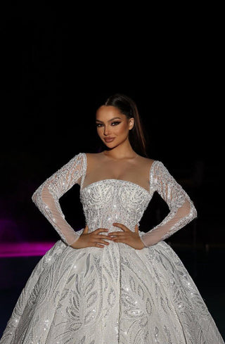 Long-Sleeve Beaded Ballgown with Sheer Sleeves and Crystal Embellishments