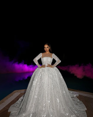 Long-Sleeve Beaded Ballgown with Sheer Sleeves and Crystal Embellishments