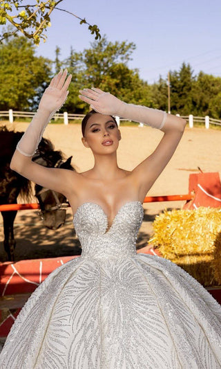 Strapless Beaded Ballgown with Intricate Crystal Detailing and Sheer Gloves