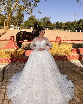 Long-Sleeve Beaded Wedding Gown with Sheer Illusion Bodice and Full Skirt