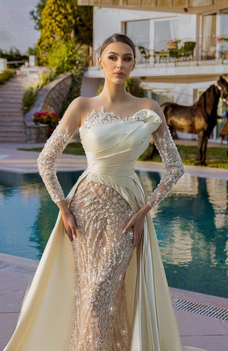 Elegant Off-the-Shoulder Wedding Gown with Sheer Long Sleeves