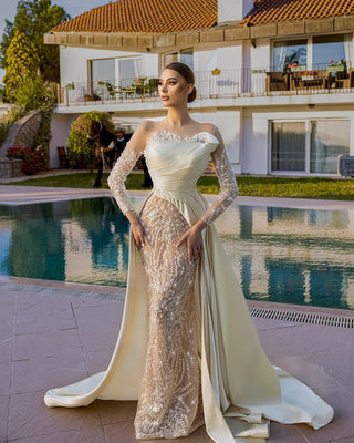 Elegant Off-the-Shoulder Wedding Gown with Sheer Long Sleeves