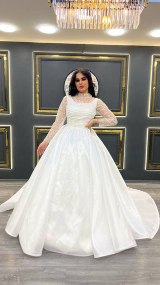 Elegant A-Line Ball Gown with Sheer Beaded Long Sleeves and High Neckline