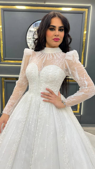 Chic A-Line Ball Gown with Sheer Beaded Long Sleeves and Ruffled Shoulder Detailing