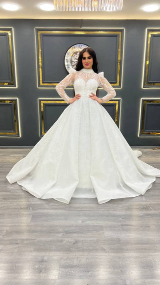 Chic A-Line Ball Gown with Sheer Beaded Long Sleeves and Ruffled Shoulder Detailing