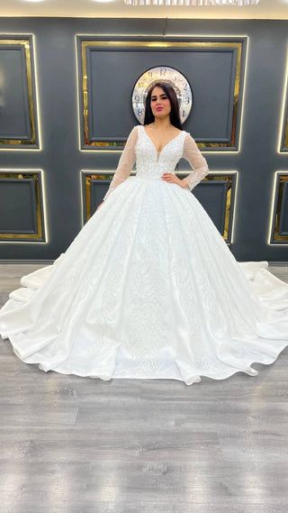 Exquisite A-Line Ball Gown with Deep V-Neckline and Beaded Sheer Long Sleeves