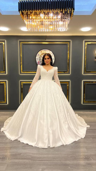 Exquisite A-Line Gown with Beaded Bodice and Puff Sleeves