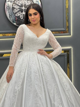 Opulent A-Line Gown with V-Neckline and Beaded Long Sleeves