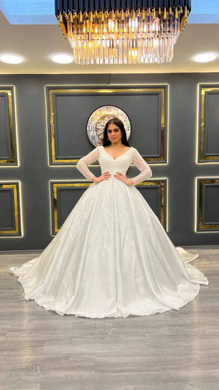 Opulent A-Line Gown with V-Neckline and Beaded Long Sleeves