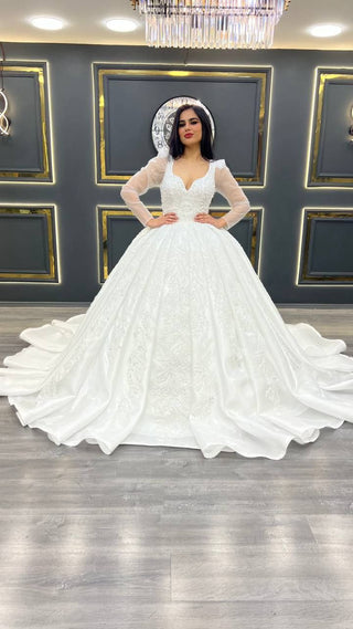 Regal Off-the-Shoulder Ball Gown with Beaded Bodice and Sheer Long Sleeves