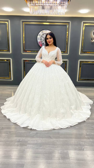 Elegant Beaded V-Neck Wedding Dress with Sheer Long Sleeves and Ball Gown Skirt