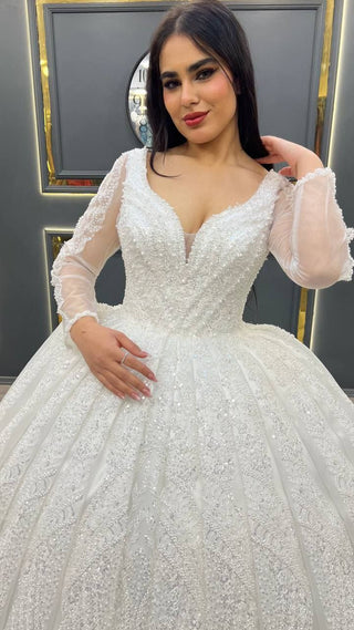 Elegant Beaded V-Neck Wedding Dress with Sheer Long Sleeves and Ball Gown Skirt