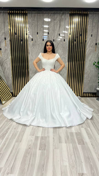 Elegant Ball Gown Wedding Dress with Sheer Off-the-Shoulder Detailing