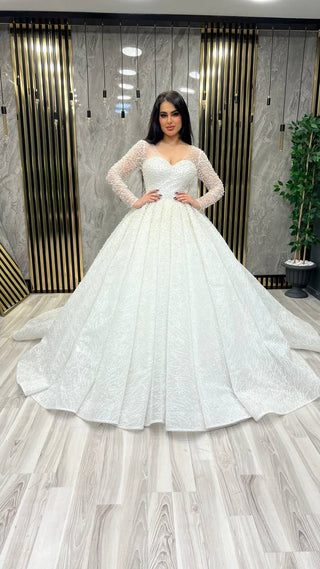 Beaded Long-Sleeve Ball Gown Wedding Dress with Sheer Neckline