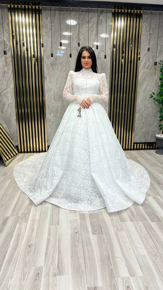 Lace Long-Sleeve Wedding Dress with Puff Shoulders and High Neckline