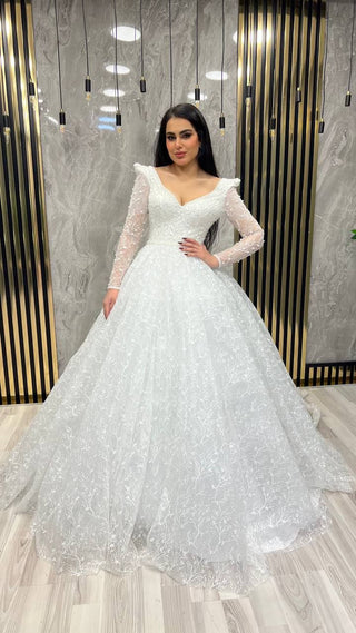 Elegant Wedding Dress with Lace Long Sleeves and Beaded Bodice