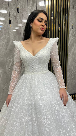 Elegant Wedding Dress with Lace Long Sleeves and Beaded Bodice