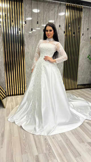 Elegant Wedding Gown with Sheer Long Sleeves, Beaded Embellishments