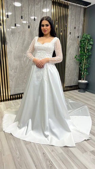 Sophisticated Wedding Gown with Beaded Lace and Sheer Long Sleeves