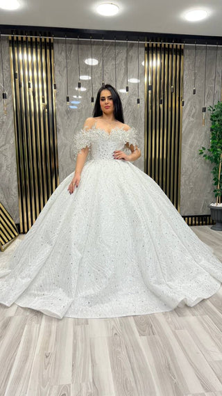 Elegant Crystal-Embellished Off-the-Shoulder Gown with Full Tulle Skirt