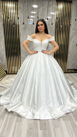 Elegant Off-Shoulder Satin Ball Gown with Beaded Detail