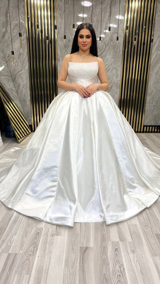 Strapless Satin Ball Gown with Beaded Bodice