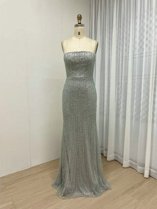 Ships in 1 to 3 Days - Grey Green Strapless Luxury Beaded Evening Dress - Exclusive Mermaid Gown with Gloves for Arabic Weddings and Formal Parties