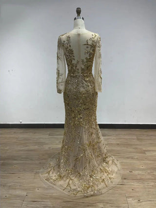 2024 Gold Sheer Long Sleeves Mother of the Bride Dress - Elegant Beaded Mermaid Floral Gown for Weddings and Prom Parties