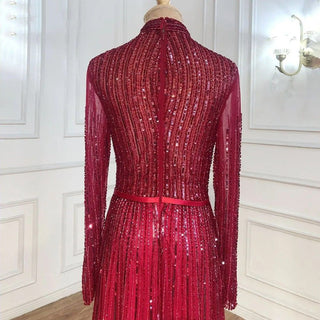 Chic Wine Red Muslim Luxury A-Line Evening Dress - 2024 Sparkle Beaded Gown for Women's Party