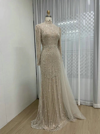 Nude Elegant Long Sleeves Muslim Formal Occasion Dress - Beaded Mermaid Evening Gown with High Neck and Side Train