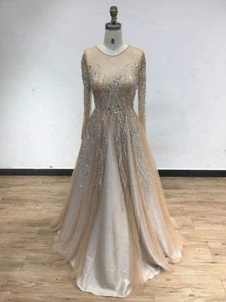 2024 Nude Muslim Long Sleeves Vintage Wedding Party Dress - Beaded A-Line Evening Ball Gown for Prom and Graduation in Dubai