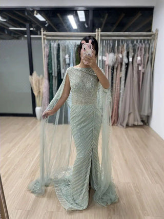 Ships in 1 to 3 Days - 2024 Green High Split Mermaid Evening Gown - Stylish Beaded Dress with Cape Sleeves for Women’s Weddings and Parties