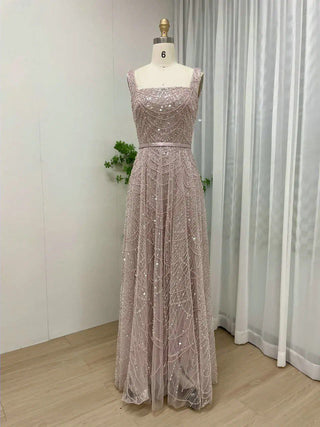 Champagne Square Neck A-Line Wedding Party Dress - Stunning Sleeveless Open Back Beaded Evening Gown with Belt