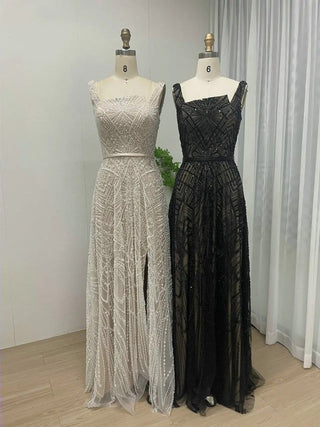 2024 Luxury Beaded A-Line Evening Dress - High Split Formal Party Gown with Exclusive Square Neck for Weddings and Prom