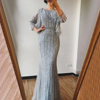 Dubai Grey Diamond Mermaid Long Sleeves Beaded Luxury Evening Gown - Perfect for Women's Party