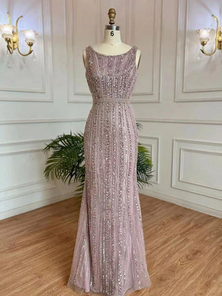 Dubai Grey Diamond Mermaid Long Sleeves Beaded Luxury Evening Gown - Perfect for Women's Party