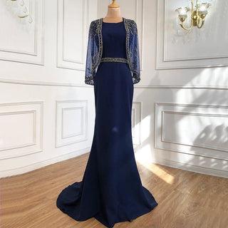 Navy Blue Satin Mermaid Elegant Evening Gown 2024 - Beaded Shawl Yarn Sexy Dress for Women's Party